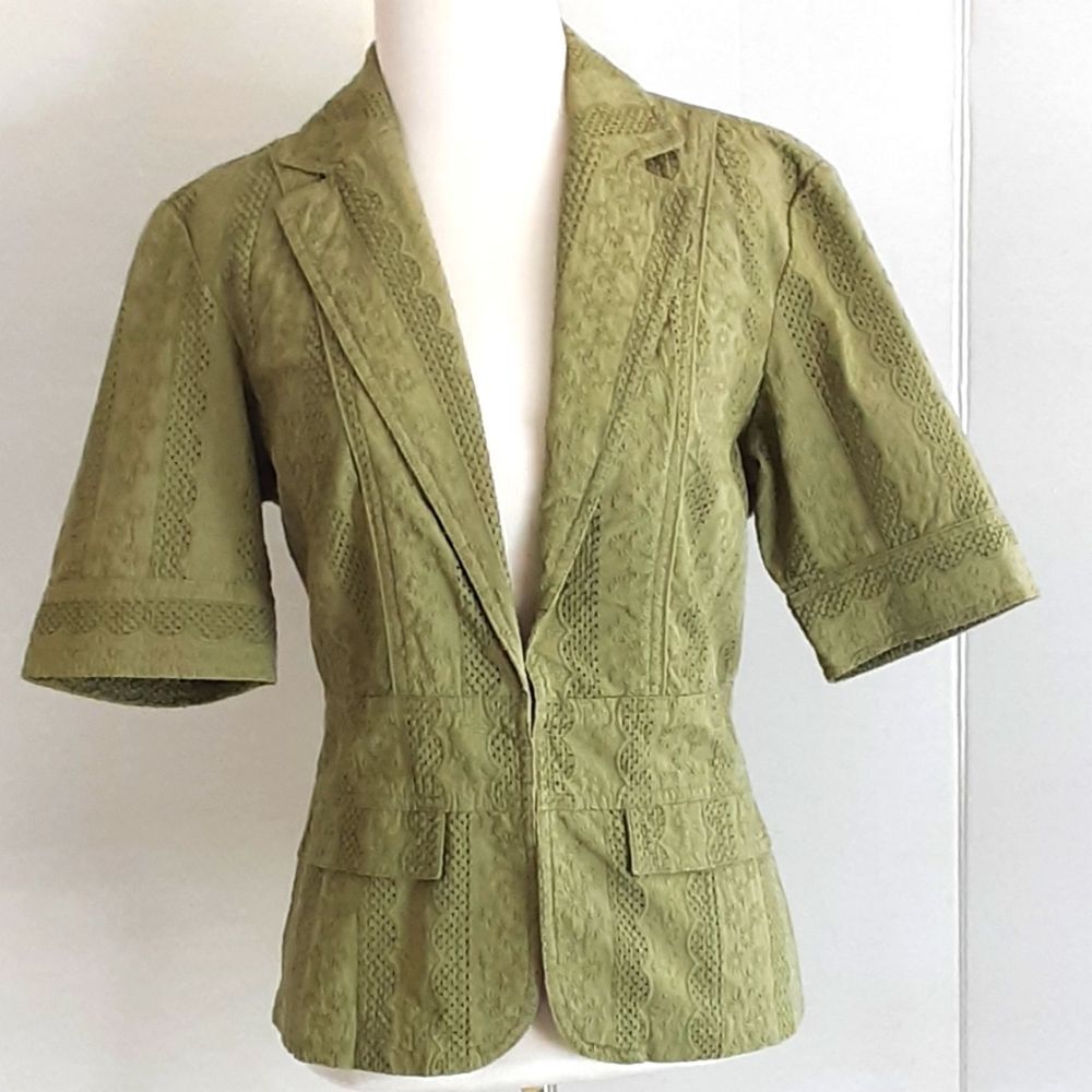 COLDWATER CREEK Cottagecore Sage Green 100% Cotton Eyelet Short Sleeve Jacket S8